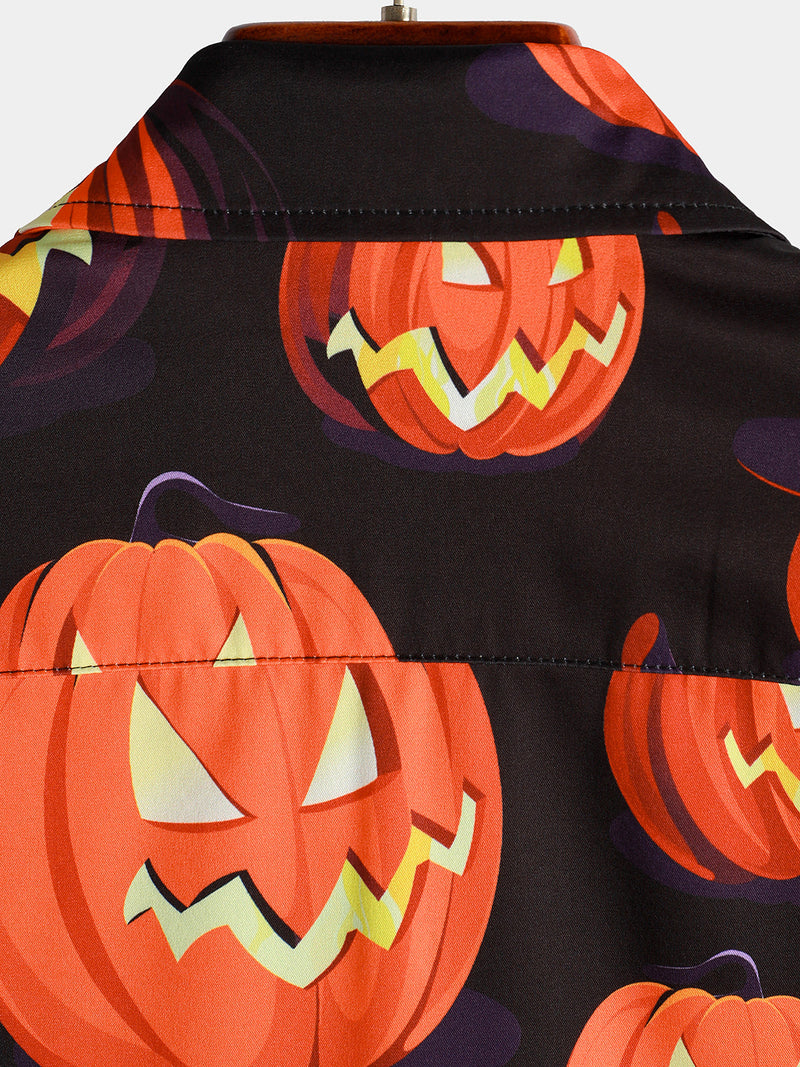 Men's Pumpkin Button Up Black Art Halloween Tops Short Sleeve Shirt