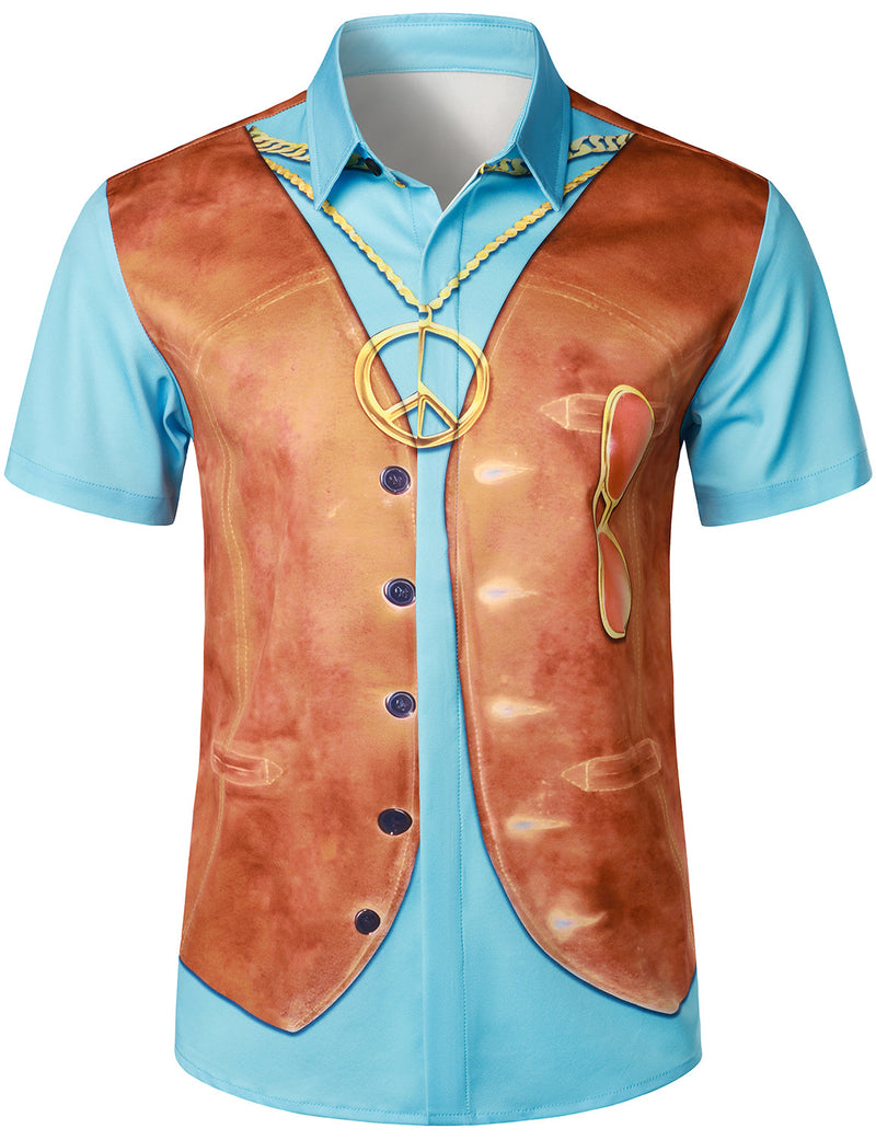 Men's Denim Vest Top Retro Western Cowboy Themed Party Halloween Costume Short Sleeve Shirt