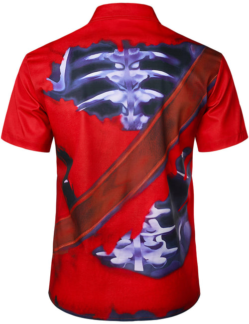 Men's Pirate Skeleton Costume Red Caribbean Cruise Themed Party Halloween Short Sleeve Shirt