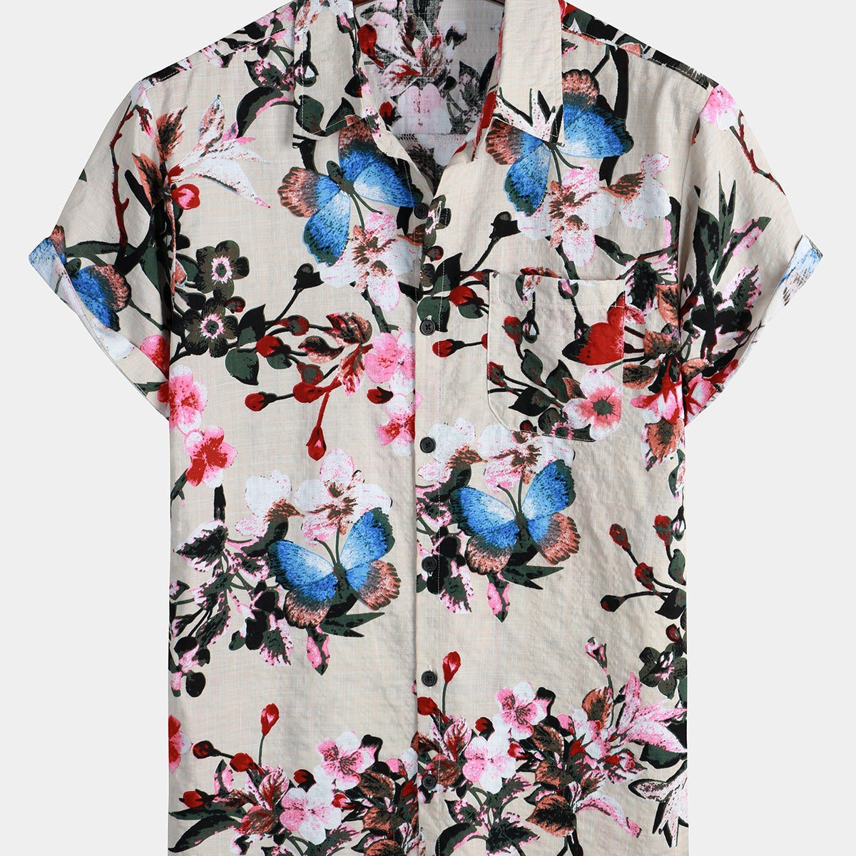 Men's Butterfly Floral Print Pocket Short Sleeve Shirt