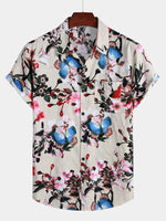 Men's Butterfly Floral Print Pocket Short Sleeve Shirt