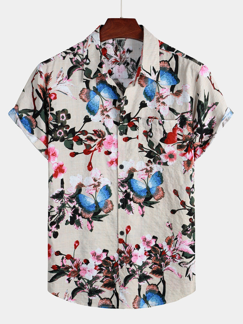 Men's Butterfly Floral Print Pocket Short Sleeve Shirt