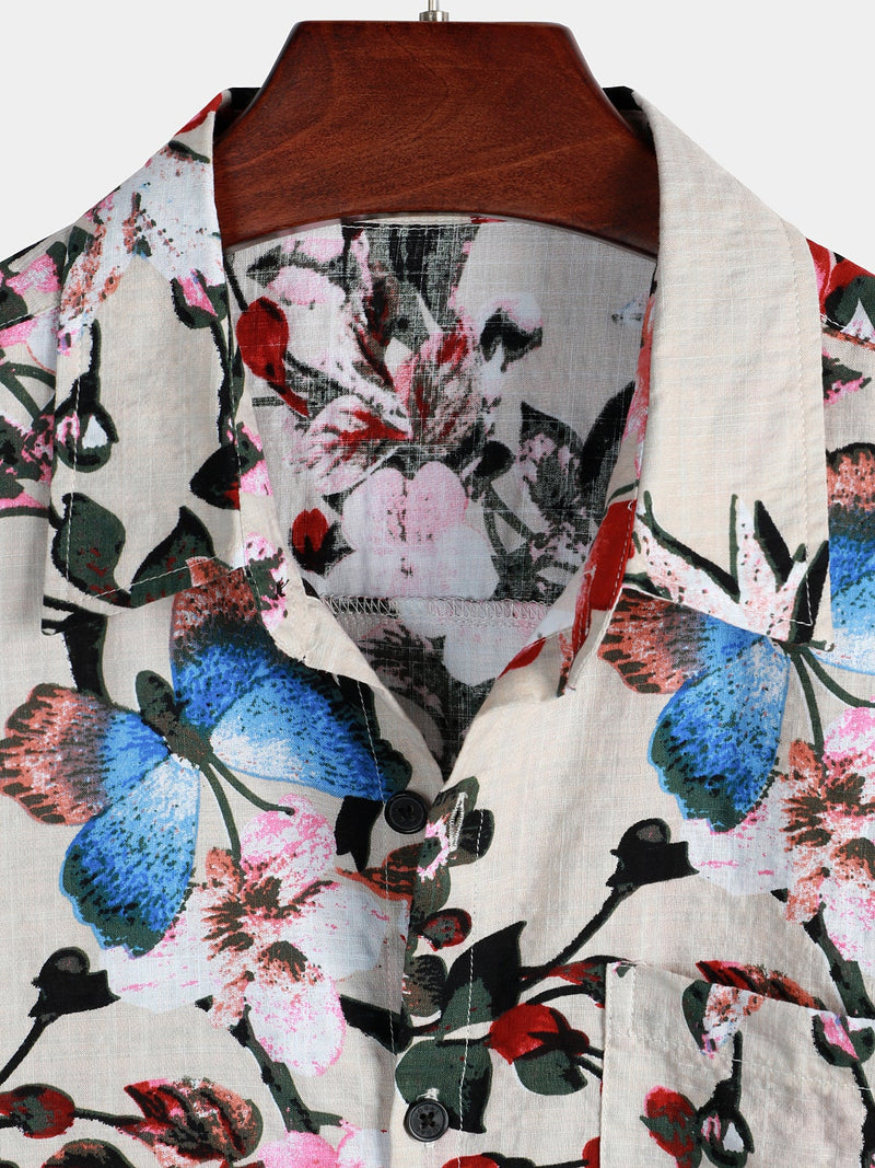 Men's Butterfly Floral Print Pocket Short Sleeve Shirt