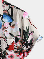Men's Butterfly Floral Print Pocket Short Sleeve Shirt