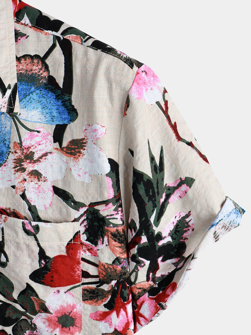 Men's Butterfly Floral Print Pocket Short Sleeve Shirt
