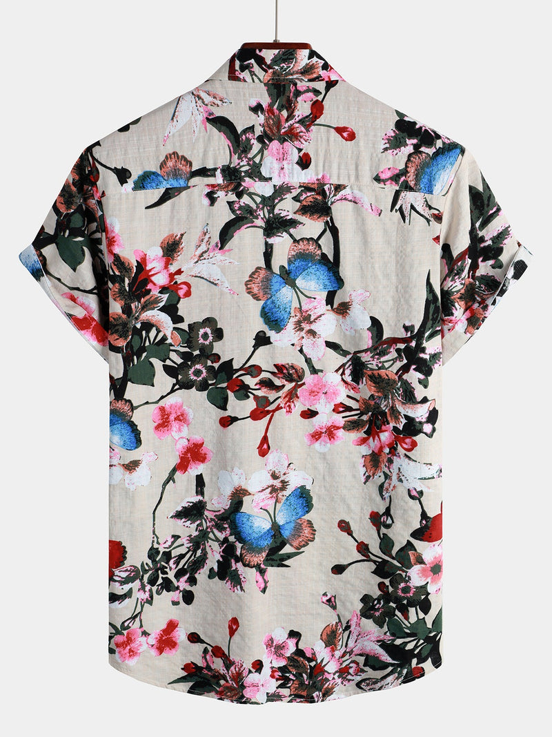 Men's Butterfly Floral Print Pocket Short Sleeve Shirt