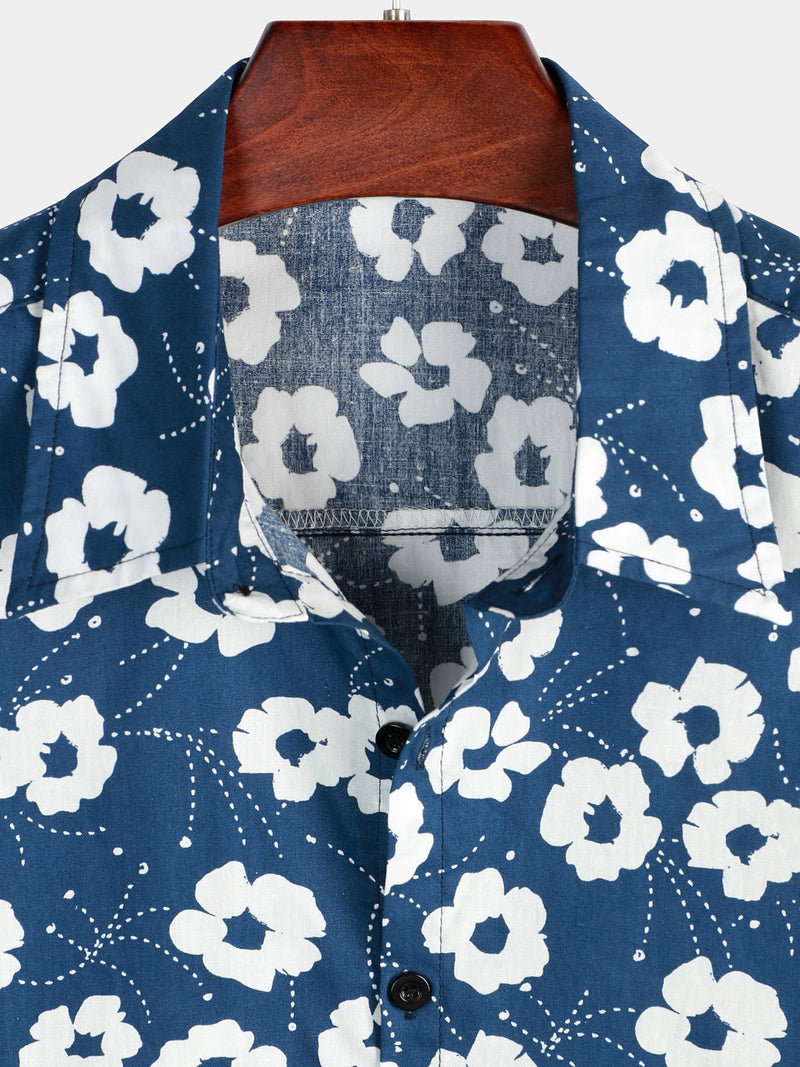 Men's Blue Floral Print Casual Cotton Shirt