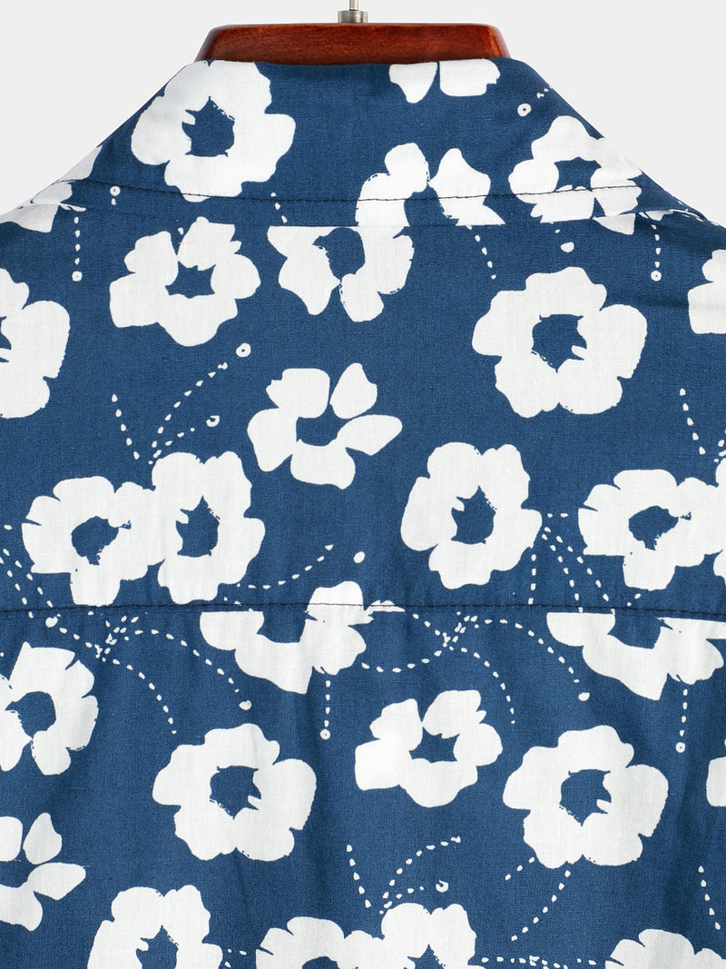 Men's Blue Floral Print Casual Cotton Shirt