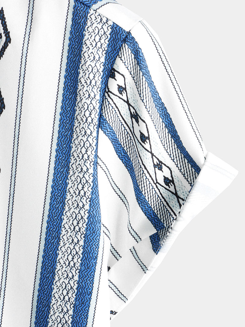 Men's Casual Blue and White Striped Vintage Short Sleeve 70s Retro Aztec Print Button Up Shirt