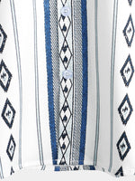 Men's Casual Blue and White Striped Vintage Short Sleeve 70s Retro Aztec Print Button Up Shirt