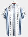 Men's Casual Blue and White Striped Vintage Short Sleeve 70s Retro Aztec Print Button Up Shirt