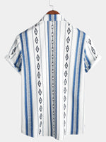 Men's Casual Blue and White Striped Vintage Short Sleeve 70s Retro Aztec Print Button Up Shirt
