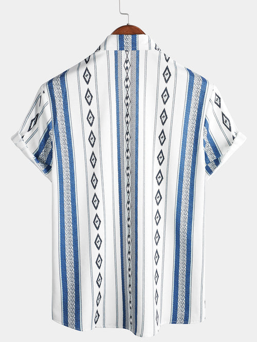 Men's Casual Blue and White Striped Vintage Short Sleeve 70s Retro Aztec Print Button Up Shirt