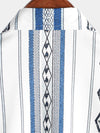 Men's Casual Blue and White Striped Vintage Short Sleeve 70s Retro Aztec Print Button Up Shirt