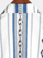 Men's Casual Blue and White Striped Vintage Short Sleeve 70s Retro Aztec Print Button Up Shirt