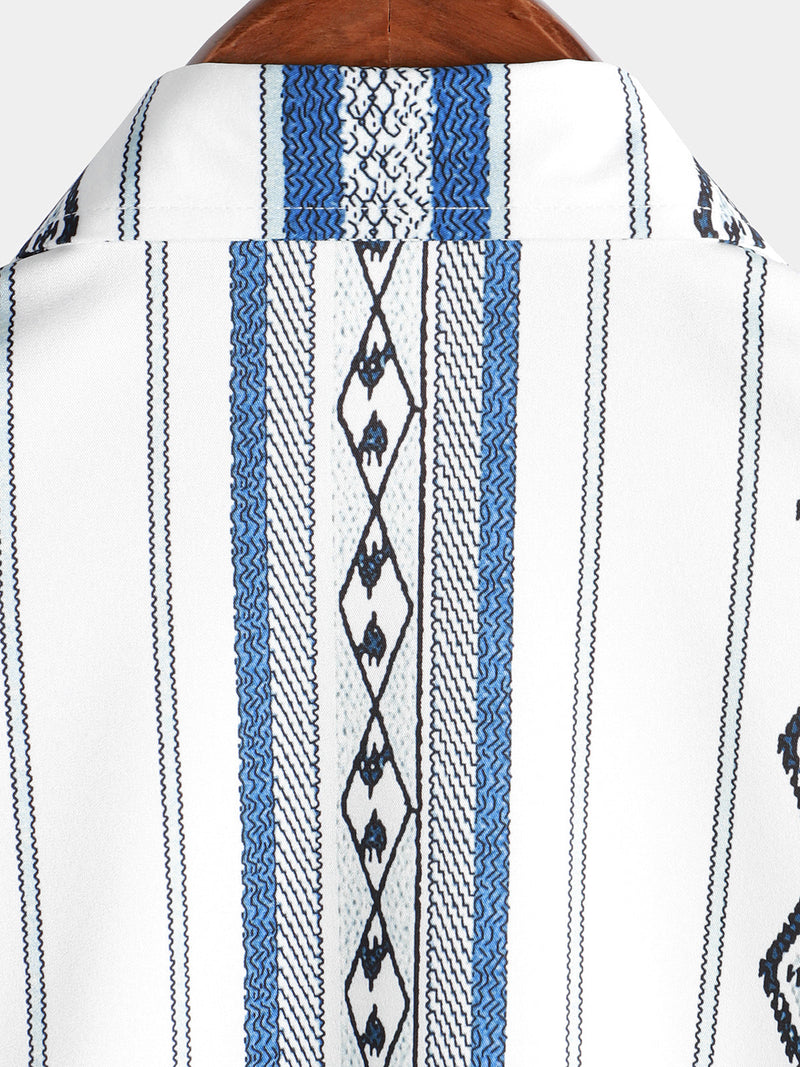 Men's Casual Blue and White Striped Vintage Short Sleeve 70s Retro Aztec Print Button Up Shirt