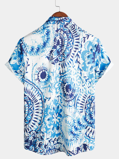 Men's Vintage Floral Print Short Sleeve Button Up Bohemian Summer Blue Hawaiian Short Sleeve Shirt