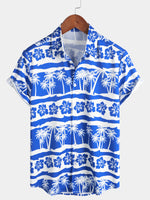 Men's Tropical Floral Palm Tree Print Blue Button Up Vintage Hawaiian Short Sleeve Shirt