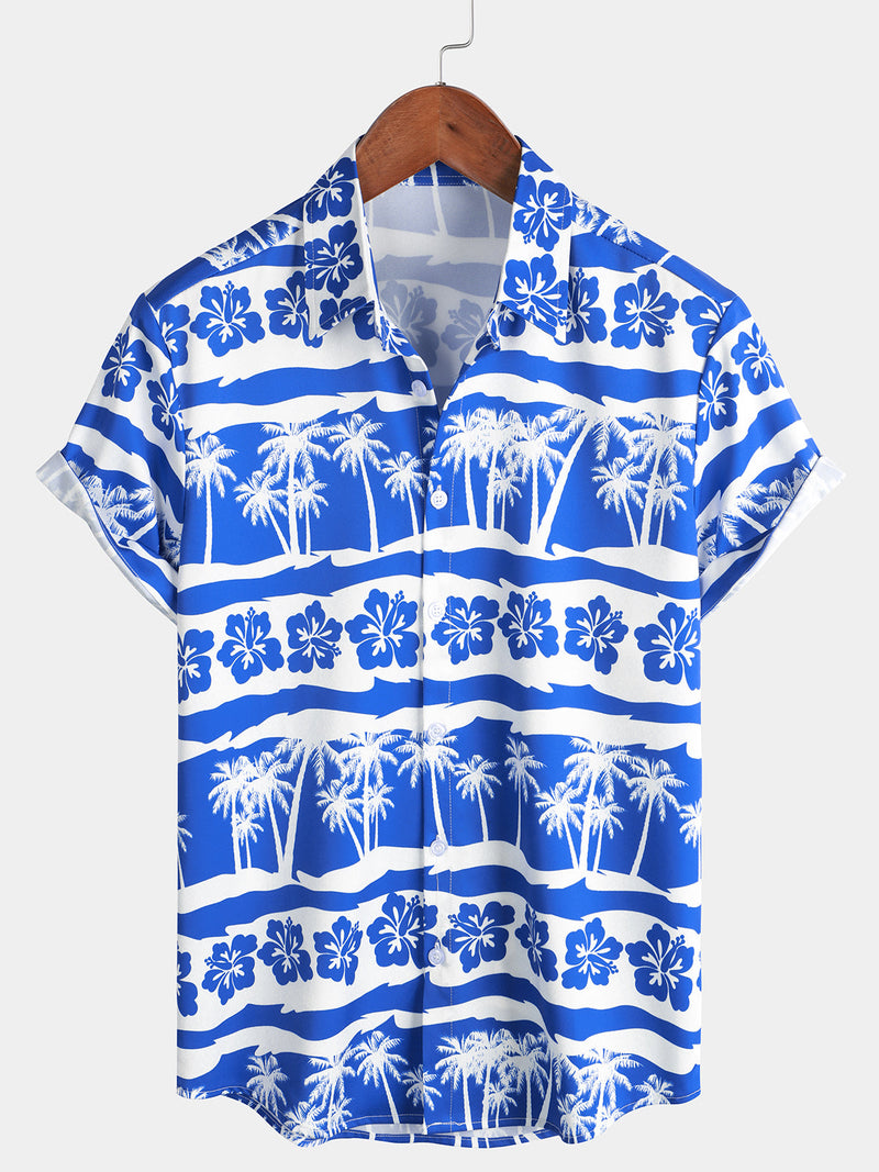 Men's Tropical Floral Palm Tree Print Blue Button Up Vintage Hawaiian Short Sleeve Shirt