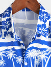 Men's Tropical Floral Palm Tree Print Blue Button Up Vintage Hawaiian Short Sleeve Shirt
