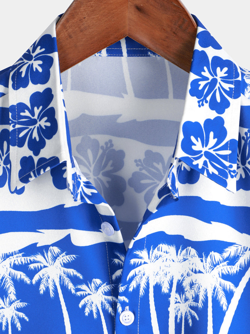 Men's Tropical Floral Palm Tree Print Blue Button Up Vintage Hawaiian Short Sleeve Shirt
