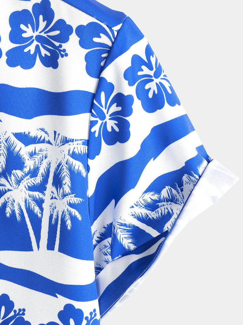 Men's Tropical Floral Palm Tree Print Blue Button Up Vintage Hawaiian Short Sleeve Shirt