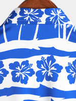 Men's Tropical Floral Palm Tree Print Blue Button Up Vintage Hawaiian Short Sleeve Shirt