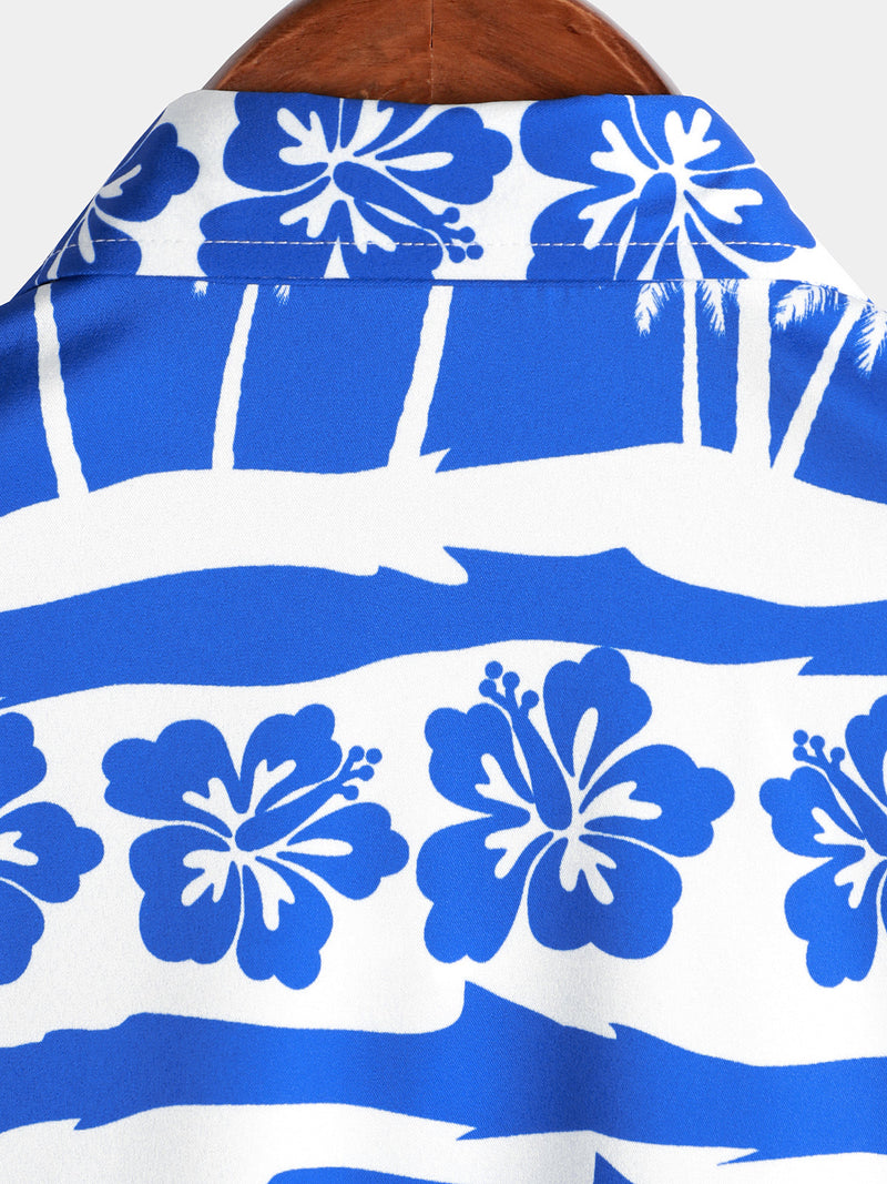 Men's Tropical Floral Palm Tree Print Blue Button Up Vintage Hawaiian Short Sleeve Shirt