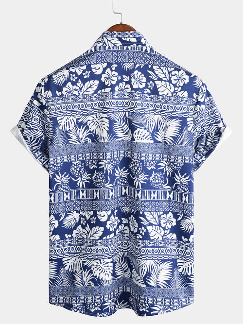 Men's Tropical Pineapple Print Blue Short Sleeve Top Button Up Vintage Hawaiian Short Sleeve Shirt