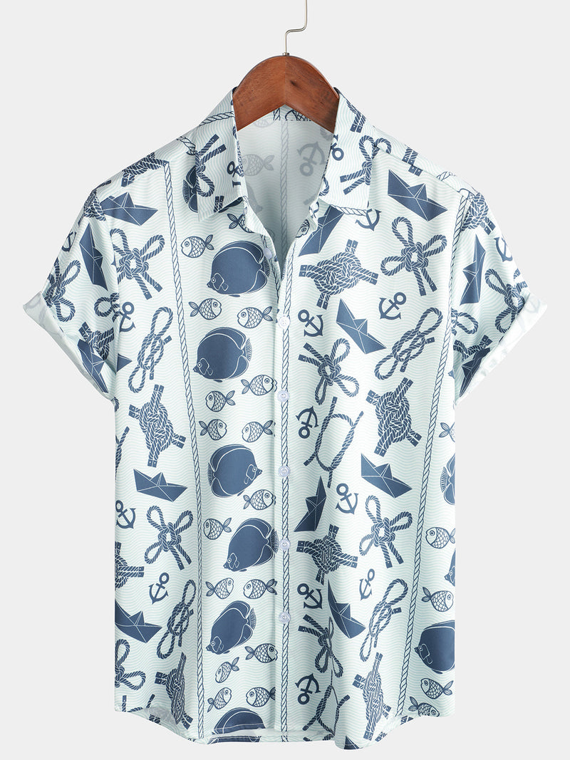 Men's Fish Print Aloha Beach Short Sleeve Button Up Hawaiian Shirt