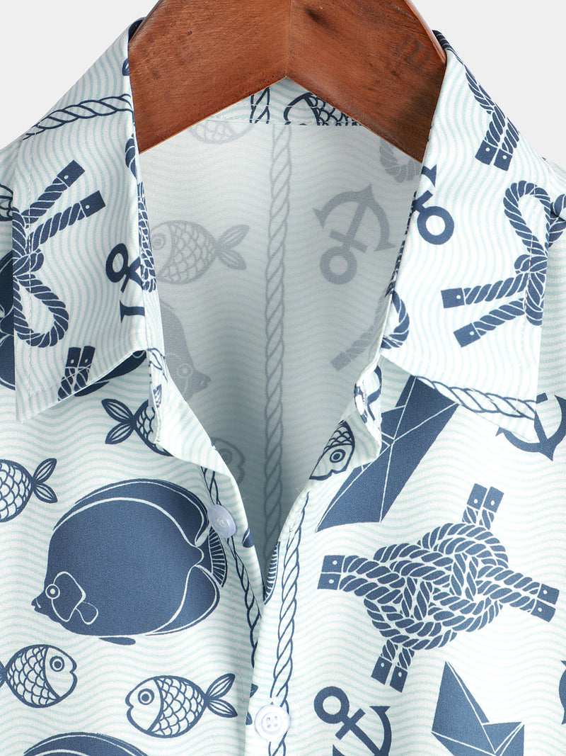 Men's Fish Print Aloha Beach Short Sleeve Button Up Hawaiian Shirt