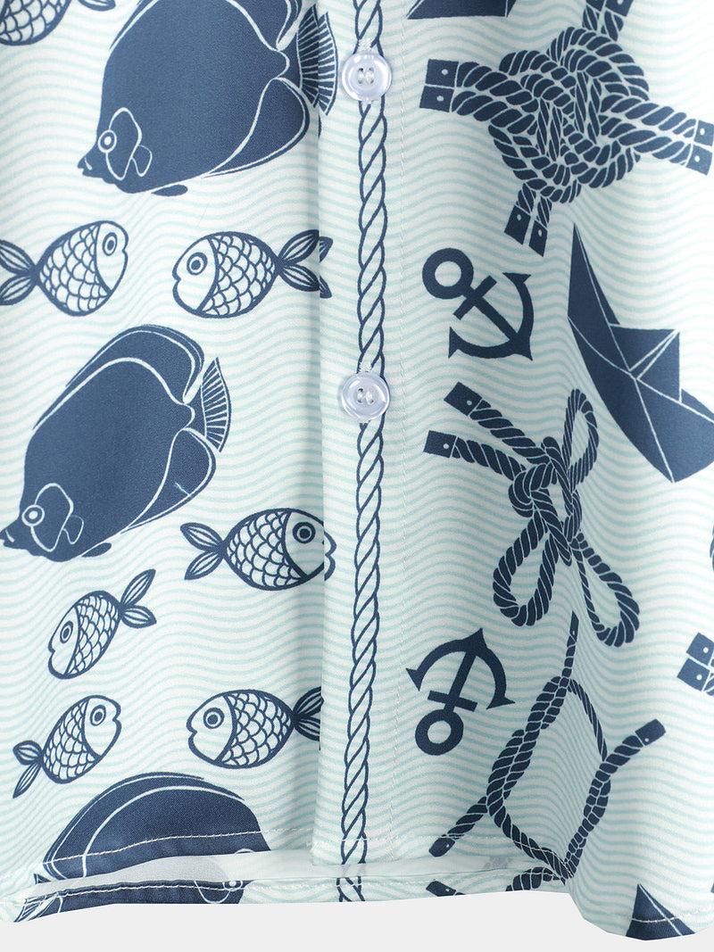 Men's Fish Print Aloha Beach Short Sleeve Button Up Hawaiian Shirt