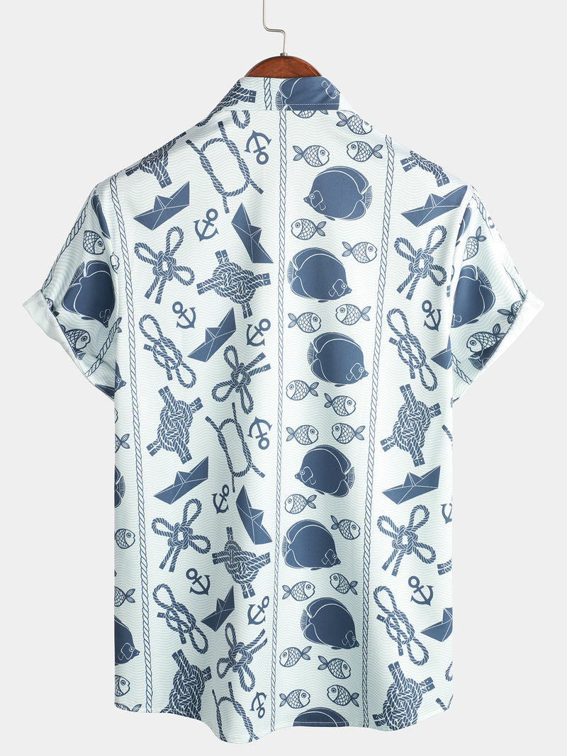 Men's Fish Print Aloha Beach Short Sleeve Button Up Hawaiian Shirt
