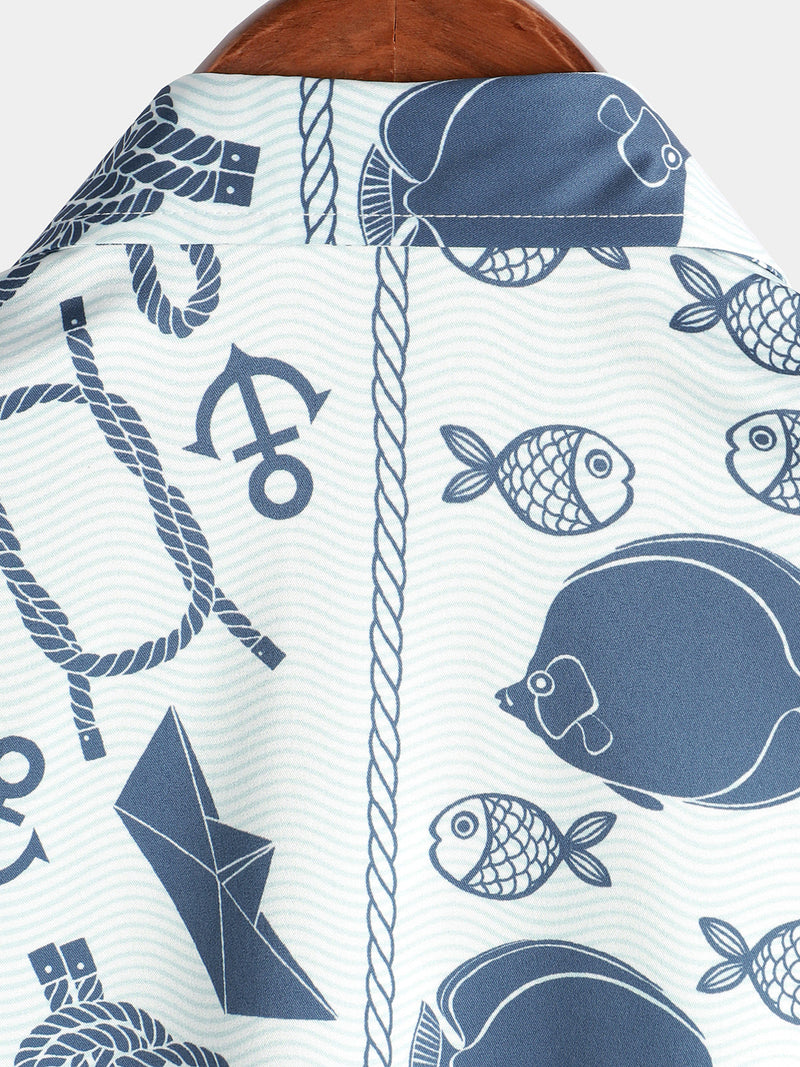 Men's Fish Print Aloha Beach Short Sleeve Button Up Hawaiian Shirt