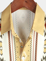 Men's Vintage Vertical Striped Short Sleeve 70s Retro Aztec Print Button Up Shirt