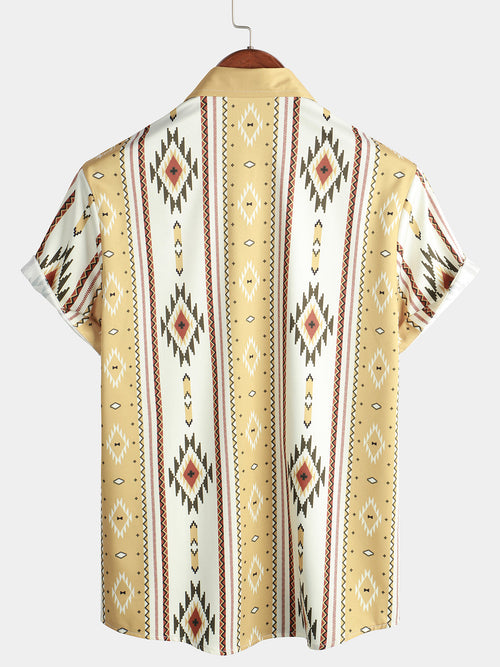 Men's Vintage Vertical Striped Short Sleeve 70s Retro Aztec Print Button Up Shirt