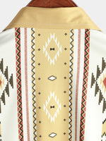Men's Vintage Vertical Striped Short Sleeve 70s Retro Aztec Print Button Up Shirt