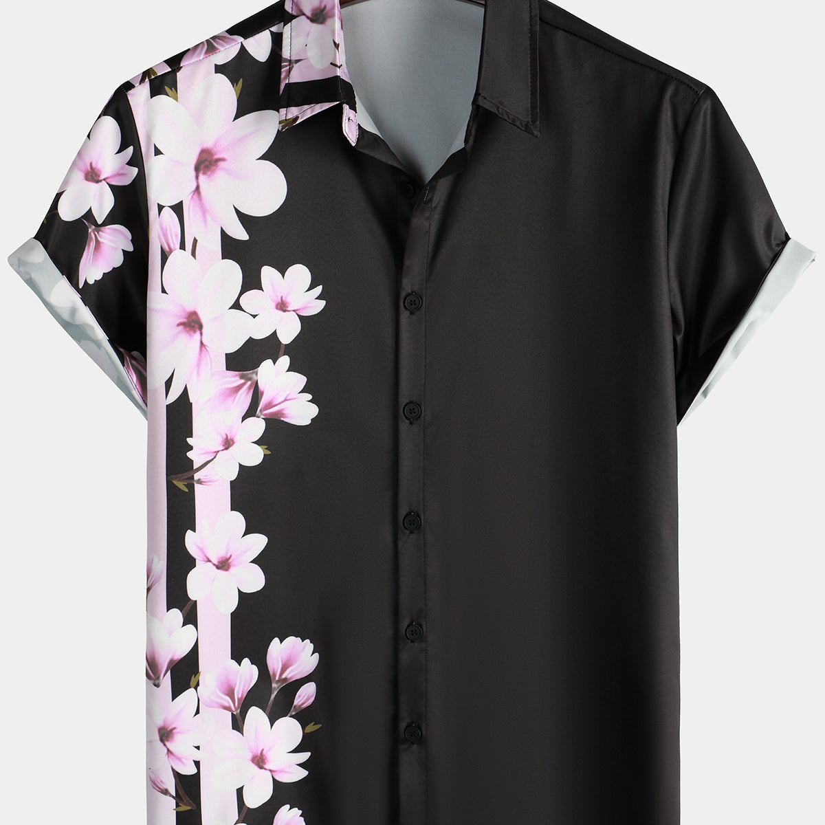 Men's Summer Pink Floral Print Button Up Short Sleeve Shirt
