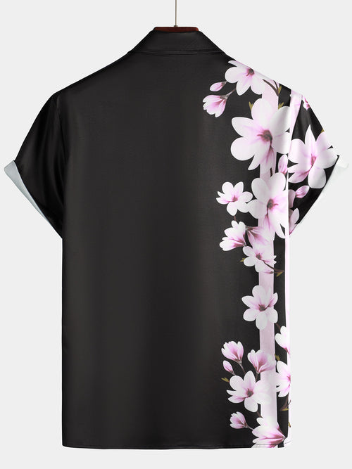 Men's Summer Pink Floral Print Button Up Short Sleeve Shirt