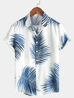 Men's Blue Tropical Summer Palm Tree Leaf Aloha Button Up Resort Short Sleeve Shirt