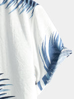 Men's Blue Tropical Summer Palm Tree Leaf Aloha Button Up Resort Short Sleeve Shirt