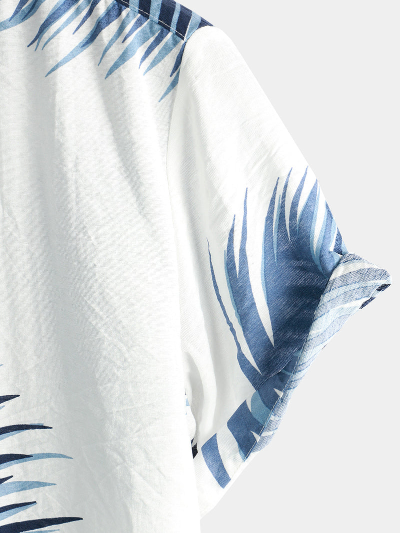 Men's Blue Tropical Summer Palm Tree Leaf Aloha Button Up Resort Short Sleeve Shirt