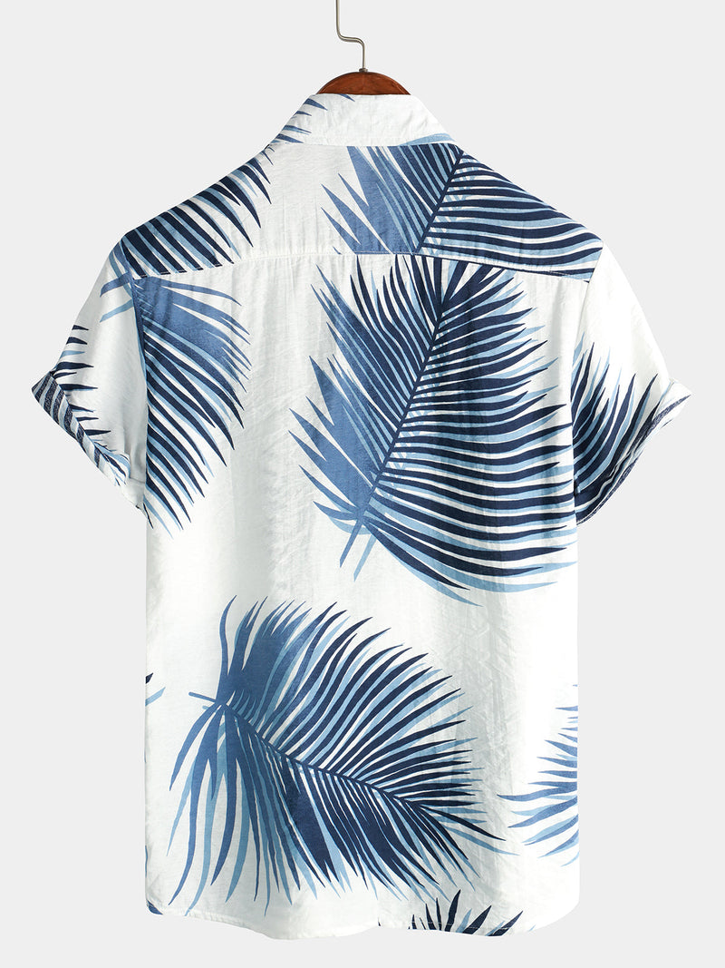 Men's Blue Tropical Summer Palm Tree Leaf Aloha Button Up Resort Short Sleeve Shirt
