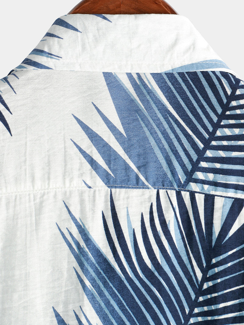 Men's Blue Tropical Summer Palm Tree Leaf Aloha Button Up Resort Short Sleeve Shirt