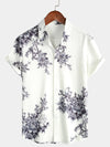 Men's Grey Flower Floral Print Button Up Vacation Short Sleeve Casual Resort Shirt