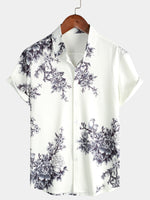 Men's Grey Flower Floral Print Button Up Vacation Short Sleeve Casual Resort Shirt