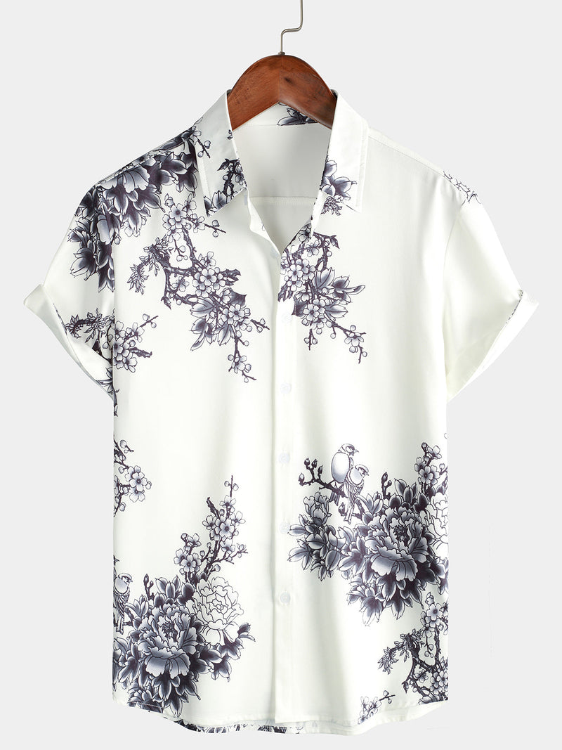 Men's Grey Flower Floral Print Button Up Vacation Short Sleeve Casual Resort Shirt