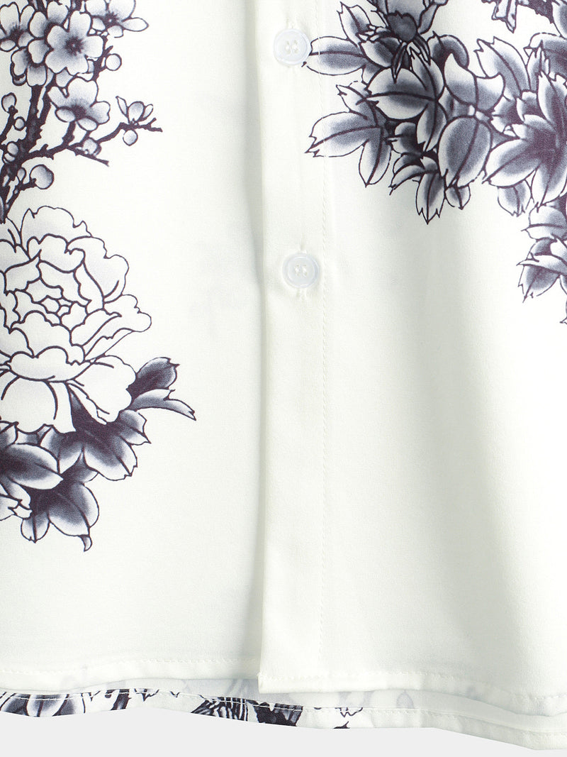 Men's Grey Flower Floral Print Button Up Vacation Short Sleeve Casual Resort Shirt