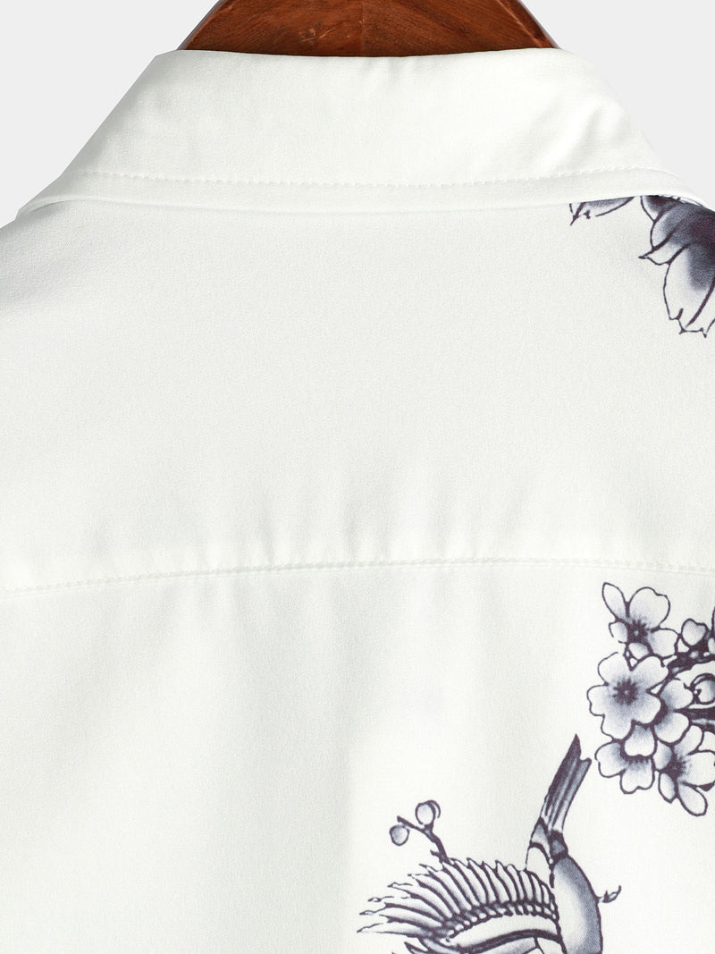 Men's Grey Flower Floral Print Button Up Vacation Short Sleeve Casual Resort Shirt