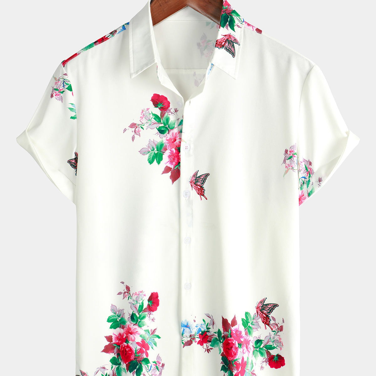 Men's Floral Butterfly Casual Vacation Button Up Holiday Short Sleeve Shirt